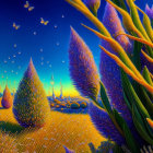 Colorful field scene with tall grass, trees, bubbles, and butterfly