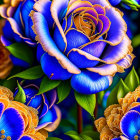 Colorful digital artwork: Blue and purple roses with gold accents on dark background