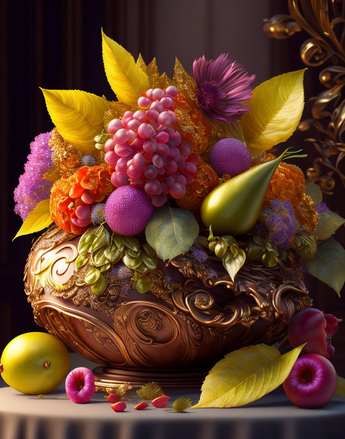 Bronze vase with autumn fruits and flowers arrangement