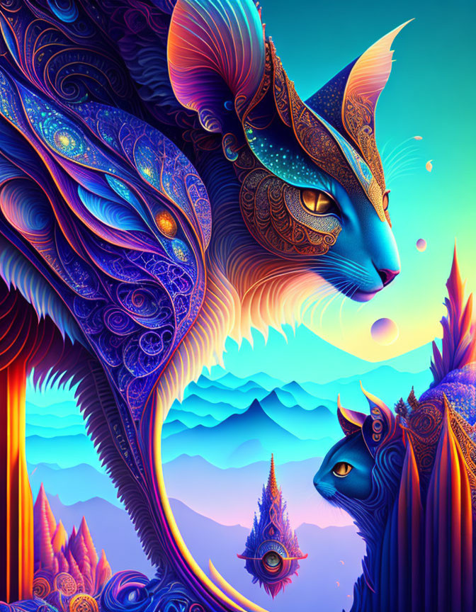 Colorful mystical cats in cosmic landscape art