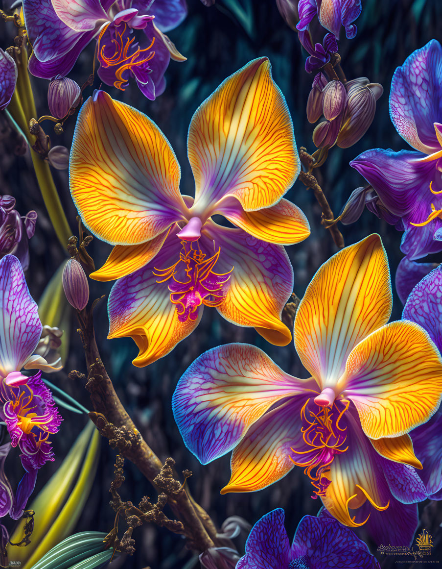 Colorful Yellow and Purple Orchids on Dark Foliage Background