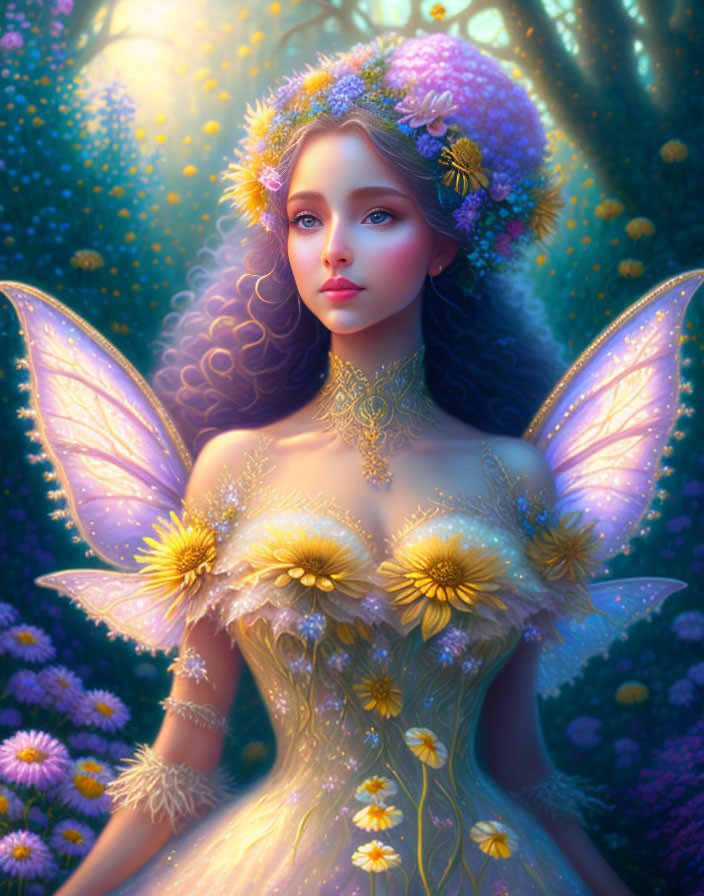 Female fairy fantasy illustration with iridescent wings and floral dress in mystical flower-filled setting