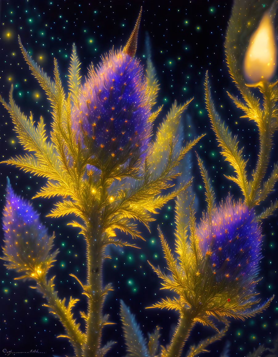 Ethereal blue and purple glowing plants in cosmic night scene