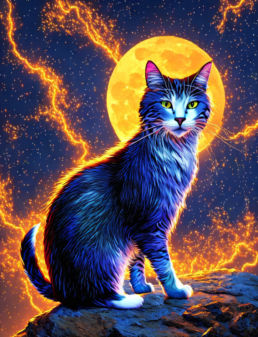 Blue fur cat under full moon in fiery nebula sky