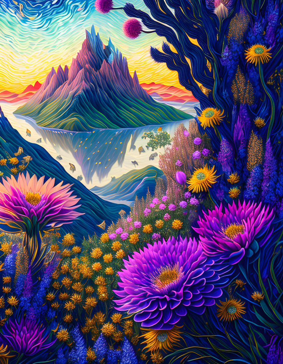 Vibrant Stylized Landscape with Colorful Mountains & Whimsical Sky