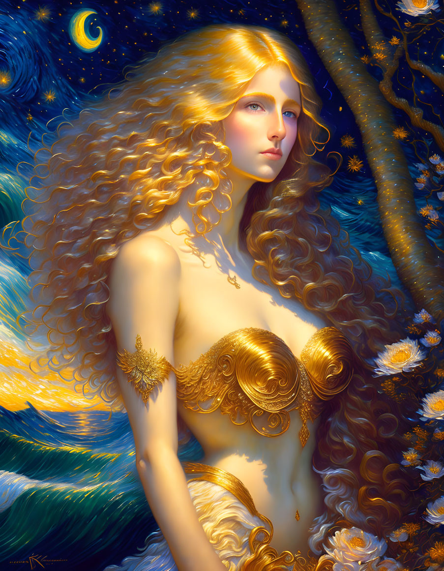 Golden-haired figure in intricate gold attire against starry night backdrop