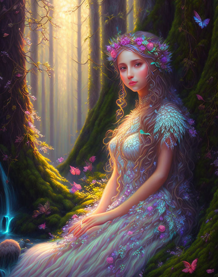 Illustration: Woman with floral motifs in enchanted forest