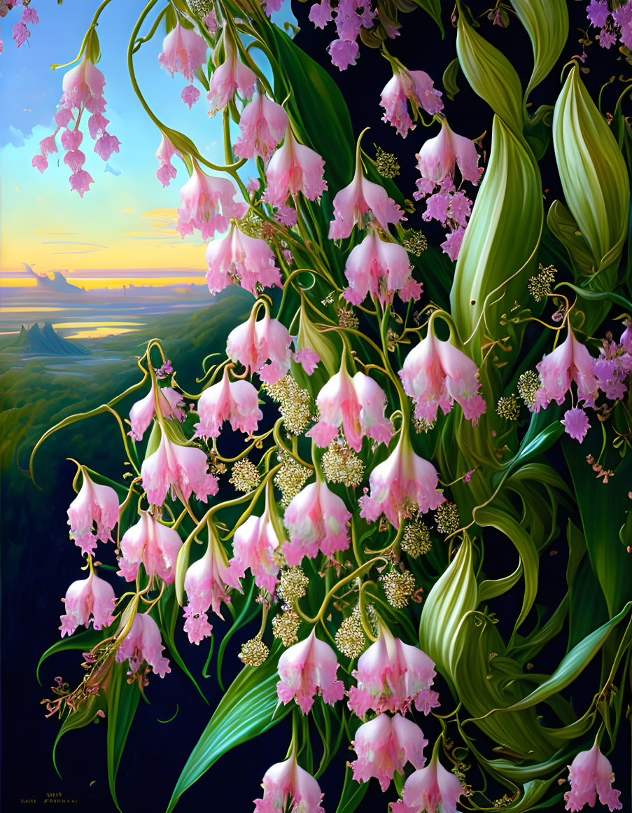 Pink lily of the valley flowers in a vibrant painting against a serene landscape