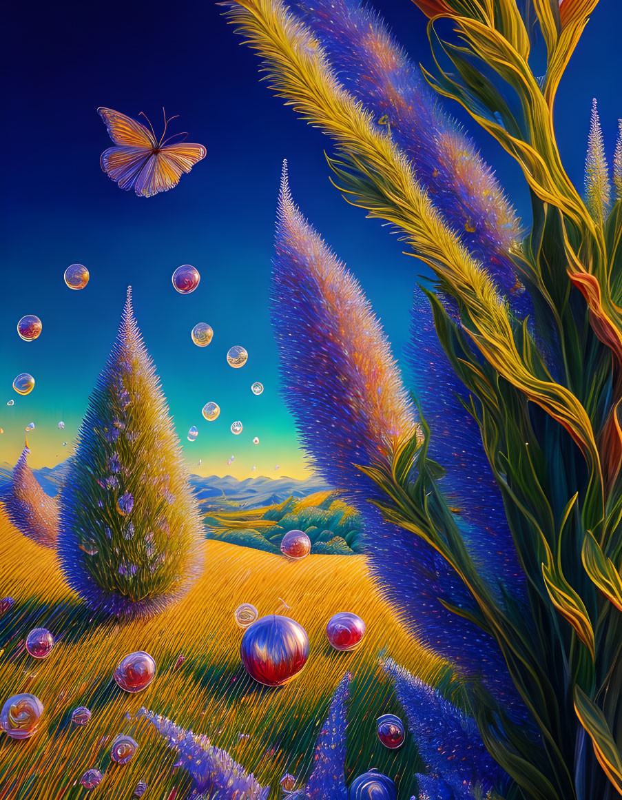 Colorful field scene with tall grass, trees, bubbles, and butterfly