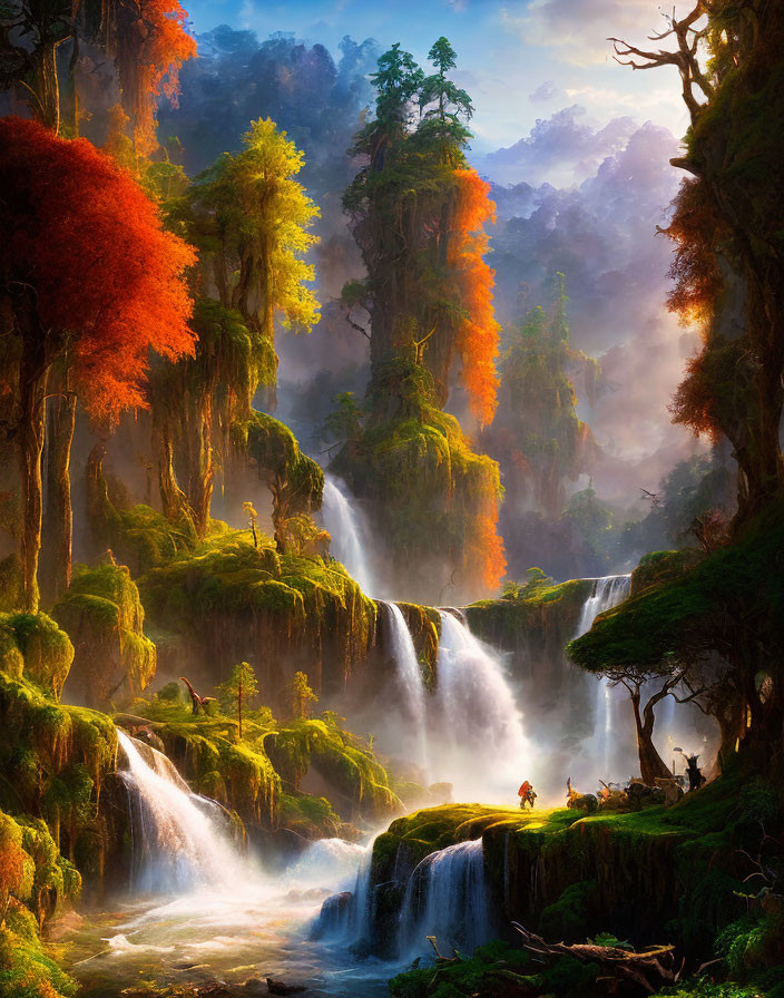 Mystical forest with waterfalls, autumn trees, and sunlight beams