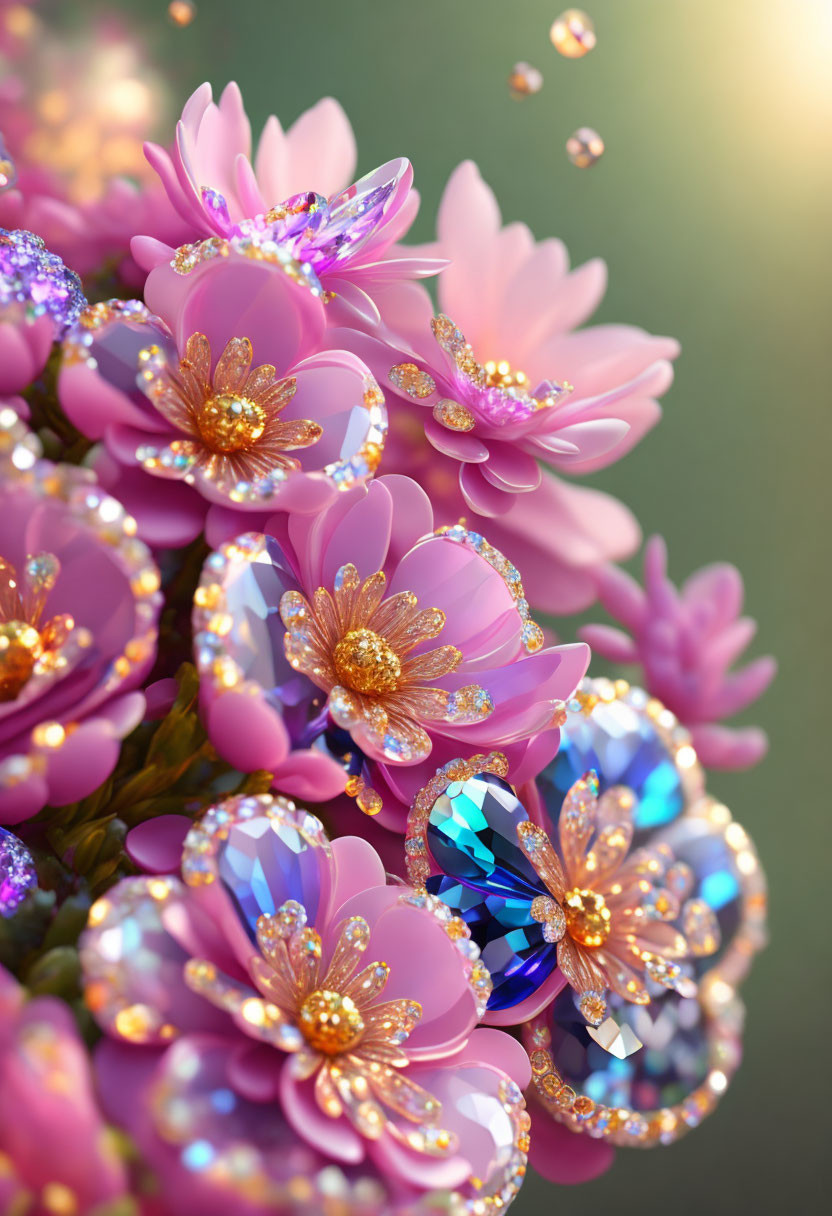 Pink flowers with gemstones and dewdrops in golden light