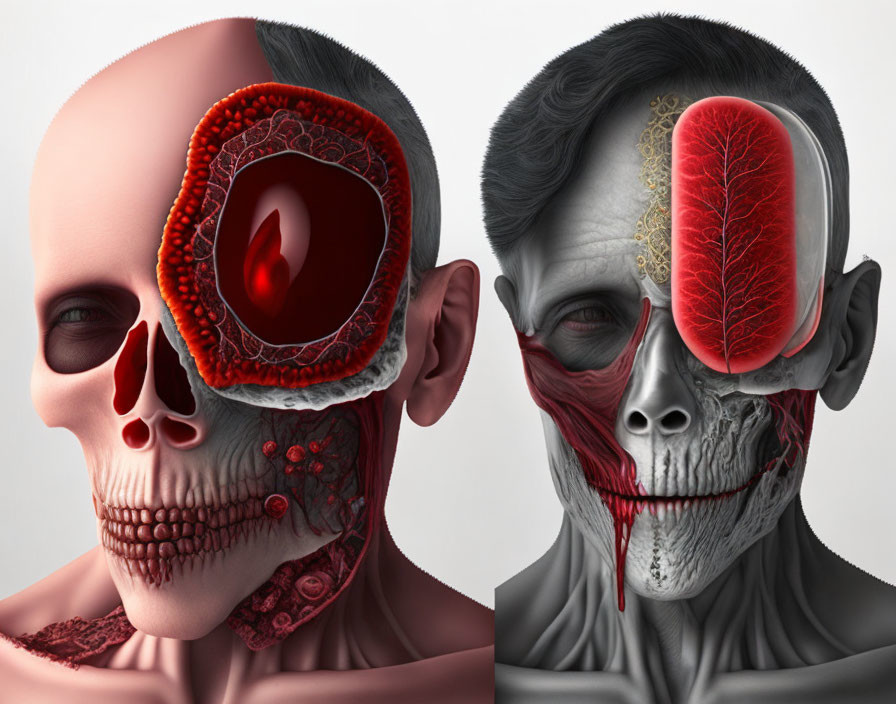 Split human heads: vivid anatomical model vs grayscale version