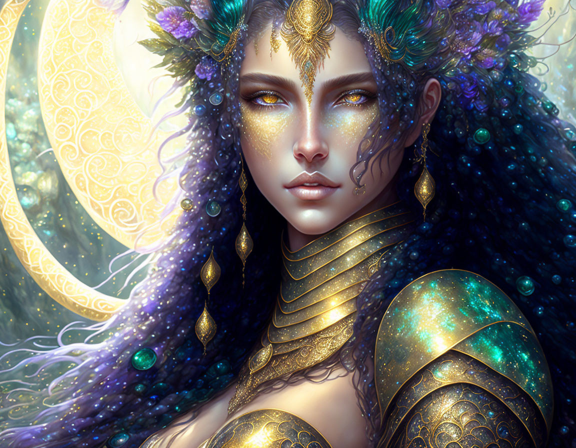 Woman with Gold Armor, Purple Hair, and Ethereal Background