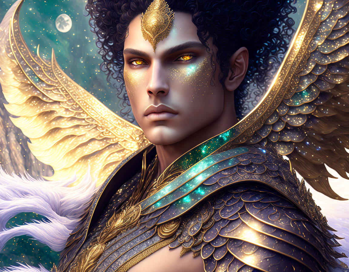 Fantasy Male Character with Golden Angelic Wings in Elaborate Armor