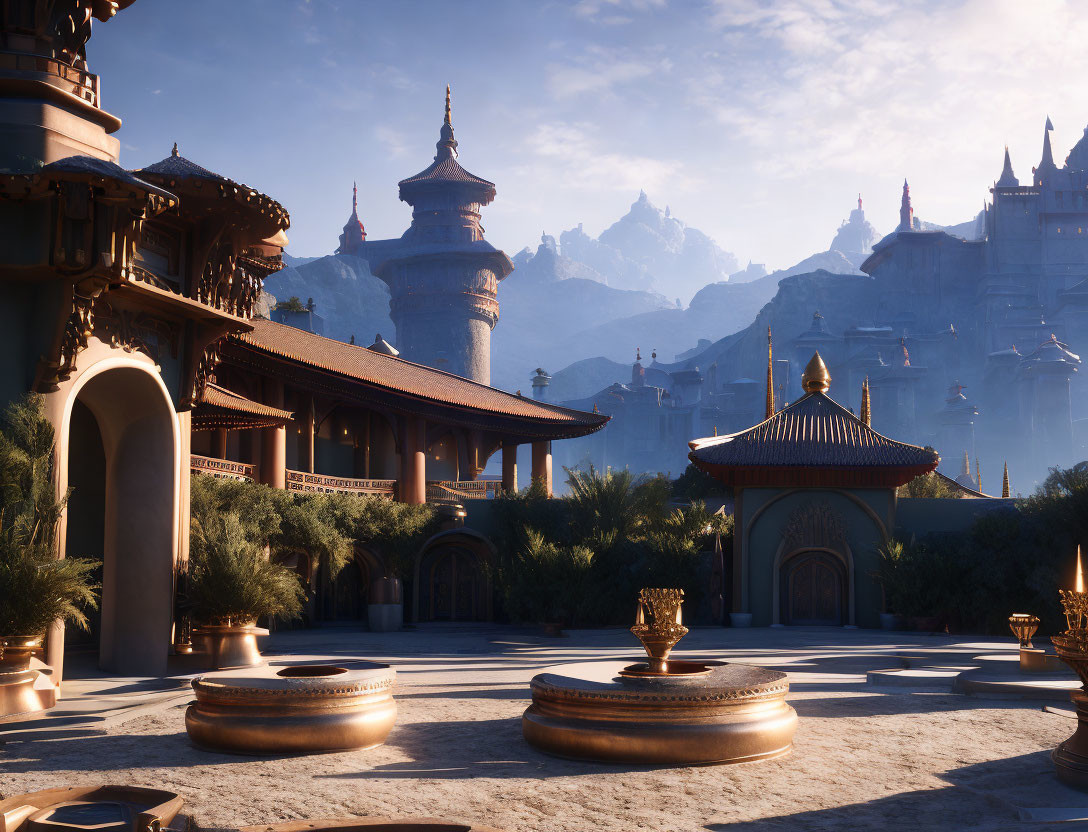 Traditional architecture courtyard with wooden pagodas and brass pots under clear blue sky