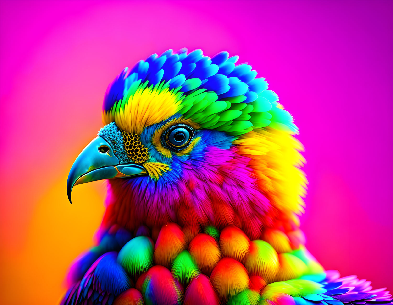 Colorful Neon Parrot Artwork on Pink and Orange Background