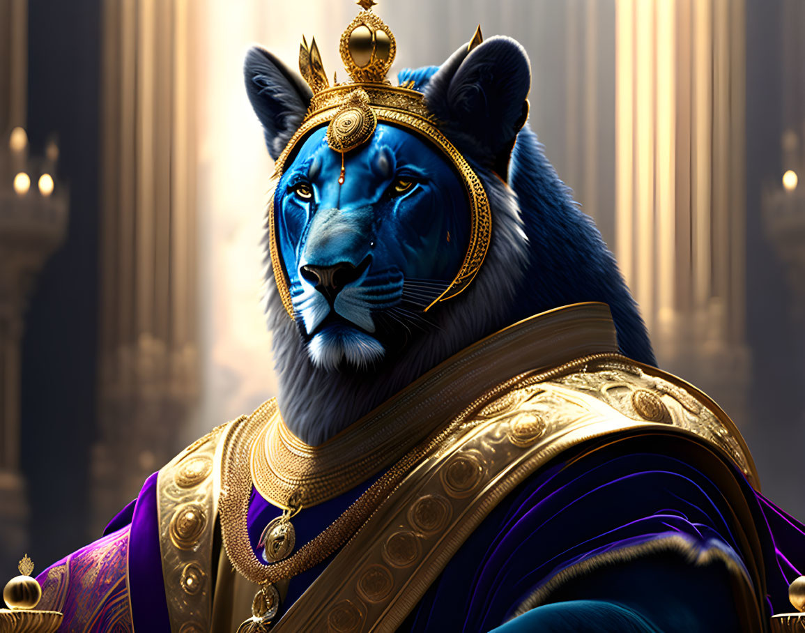 Regal blue lion in royal attire in ornate hall