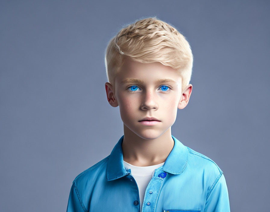 Young Boy with Blonde Hair and Blue Eyes in Blue Shirt on Grey Background