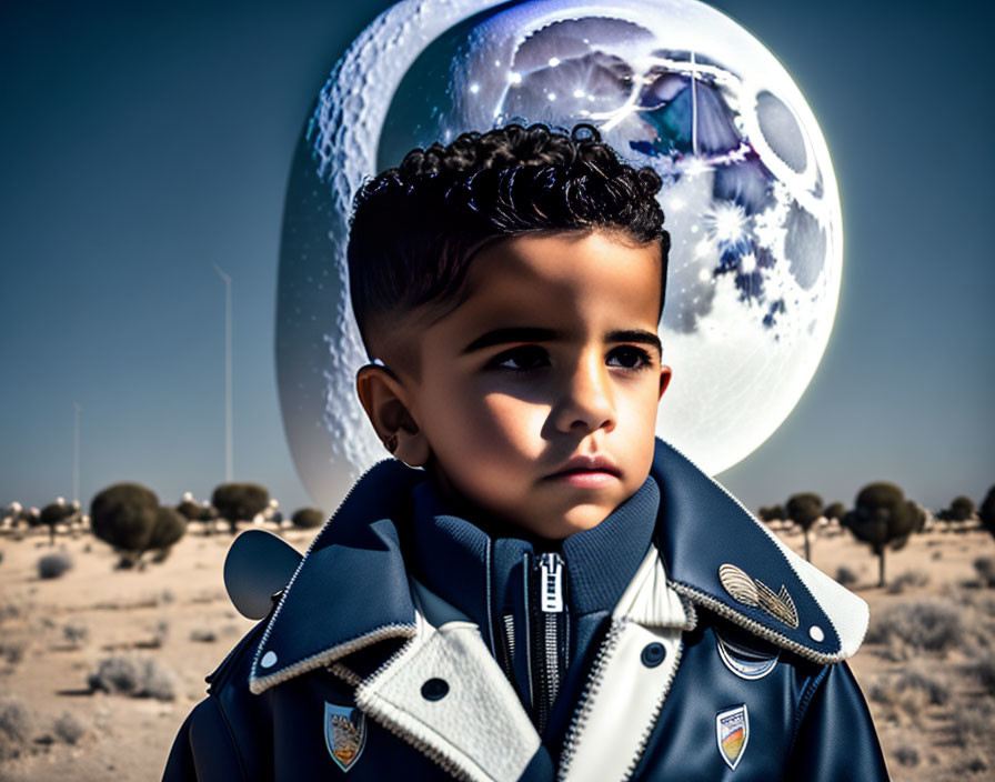 Stylish young boy in navy jacket gazes at surreal moon landscape