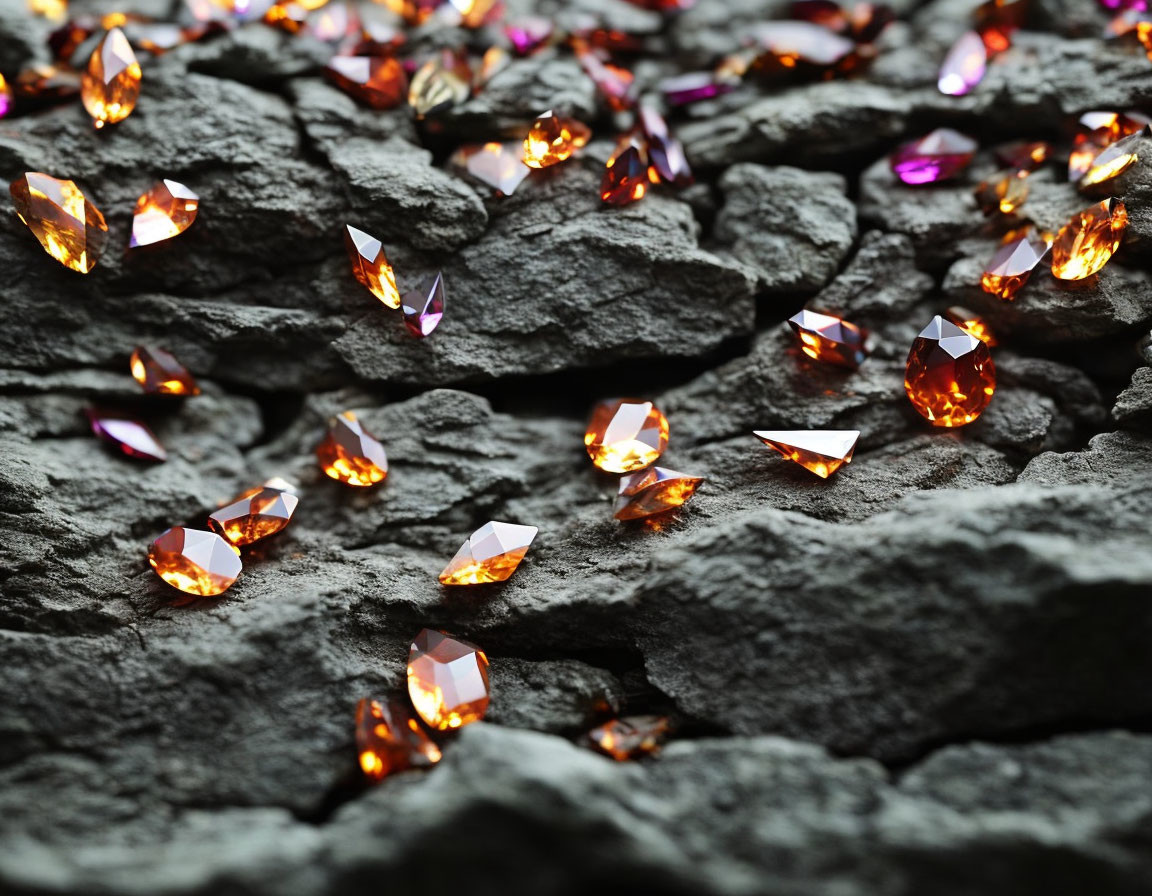 Colorful Gemstones on Grey Stone Surface: Orange and Purple Hues