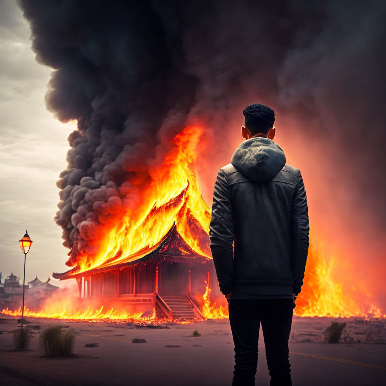 Man watches fire consume traditional building in image