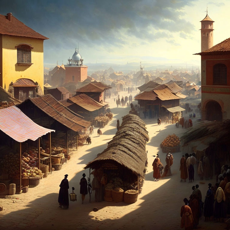 Historical market scene with Middle Eastern architecture.