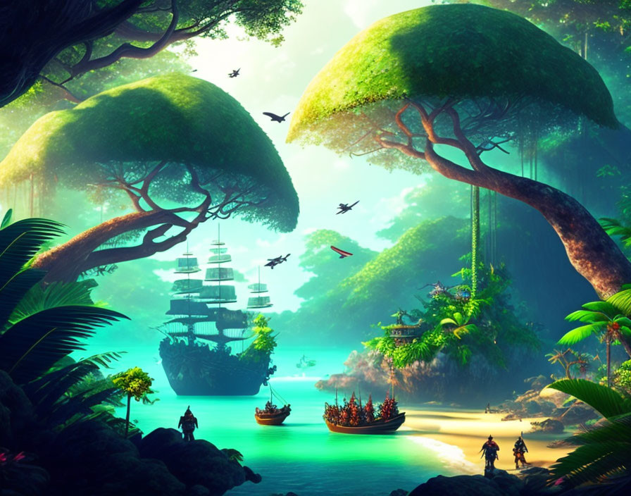 Fantasy forest with floating ships, giant trees, and misty ambiance.