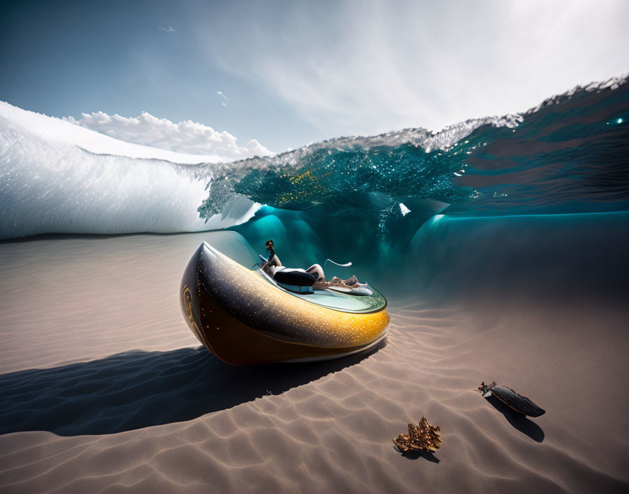 Person lounges on futuristic boat near breaking wave and clear underwater views