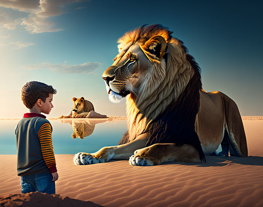 Boy confronts lion in desert with animal reflection in water