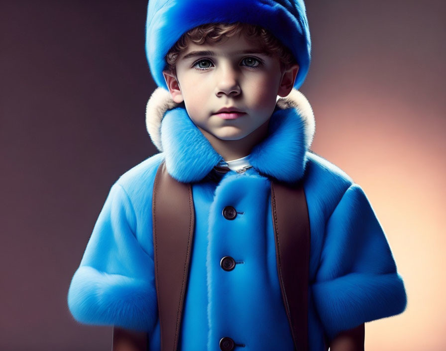 Young child in blue coat and fur hat gazes at camera