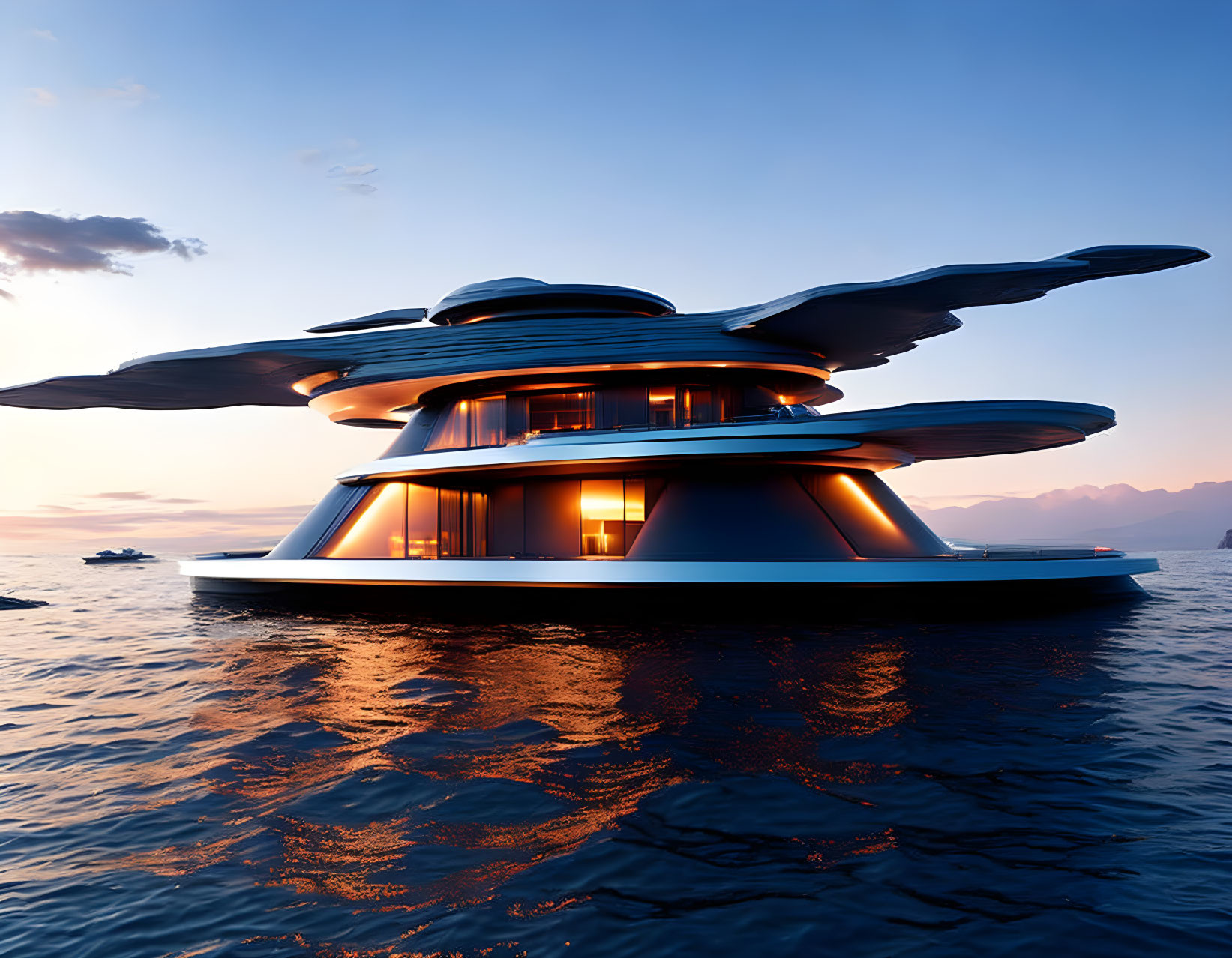 Circular design futuristic yacht on multiple decks in ocean sunset.