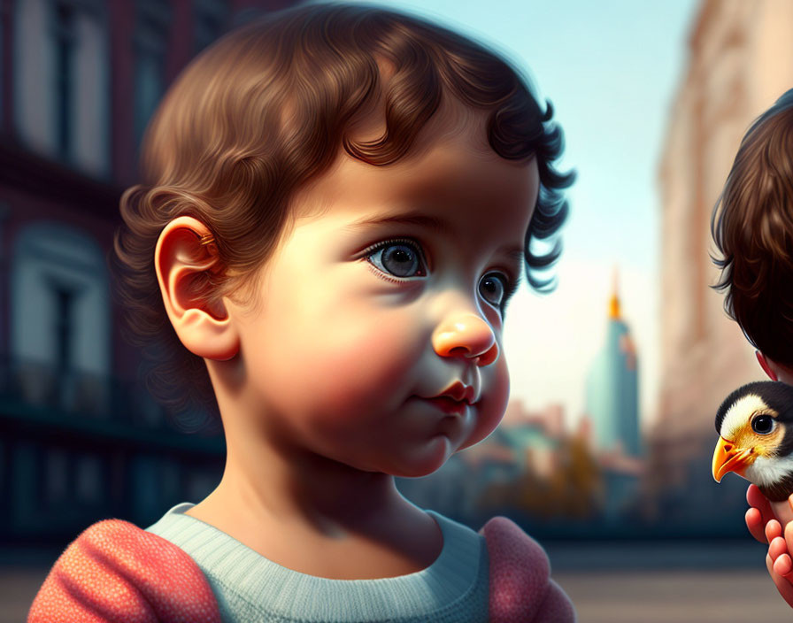 Child with Brown Curly Hair and Chick in Digital Art