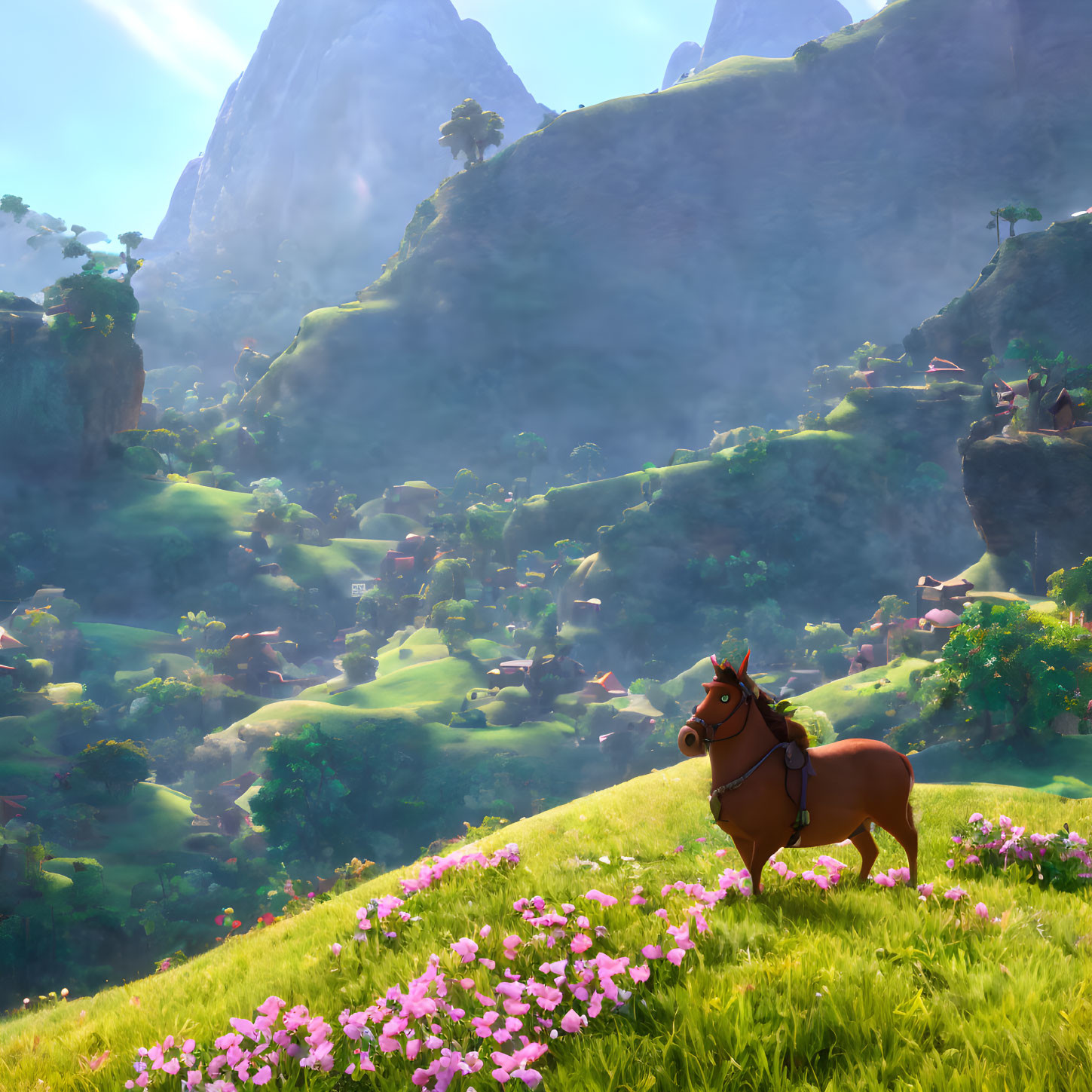 Horse on Grassy Hill with Pink Flowers and Mountainous Valley