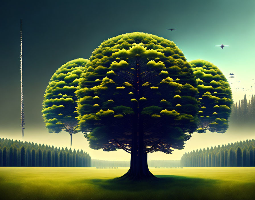 Symmetrical tree with lush green foliage in twilight forest scene