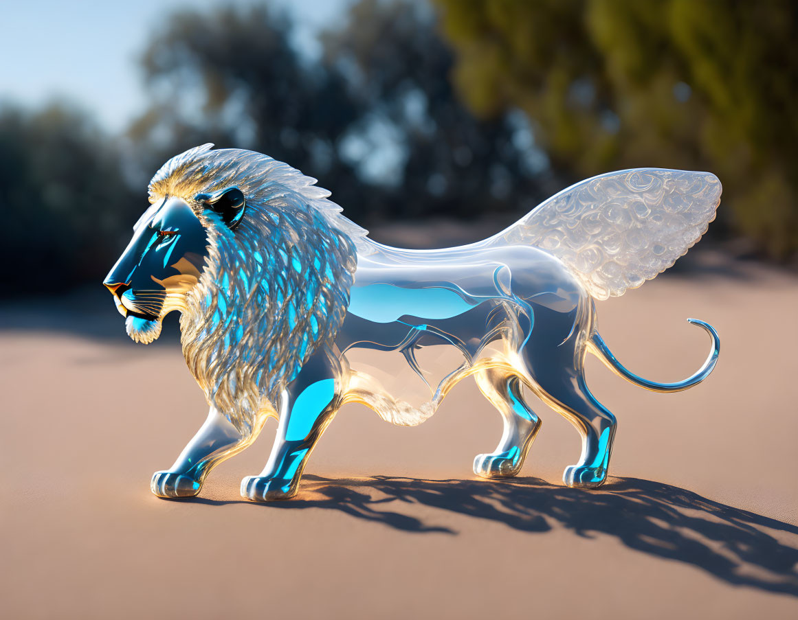 Translucent glass-like lion with blue mane against blurred background