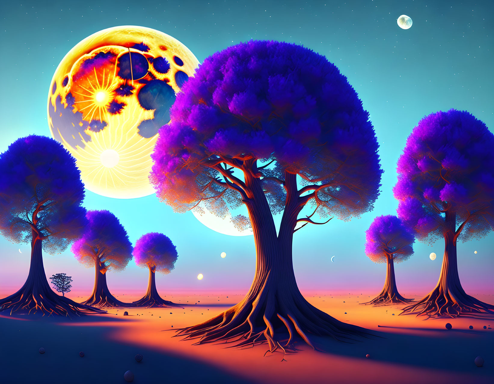 Twilight fantasy landscape with purple trees, large moon, celestial bodies, gradient sky