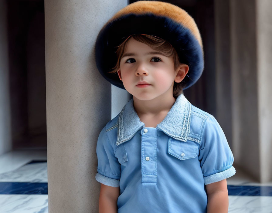 Child in large blue and brown hat near column