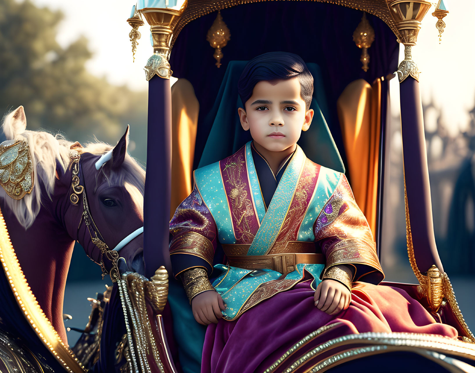 Young boy in ornate robes seated in luxurious carriage with adorned horse