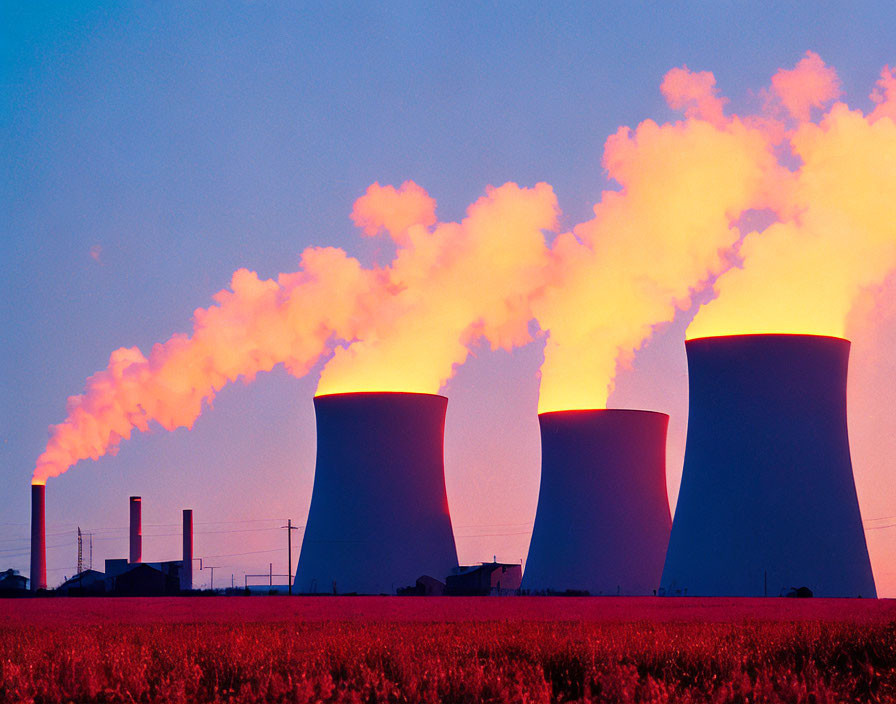 Nuclear power plant cooling towers emit vapor against vibrant sunset sky