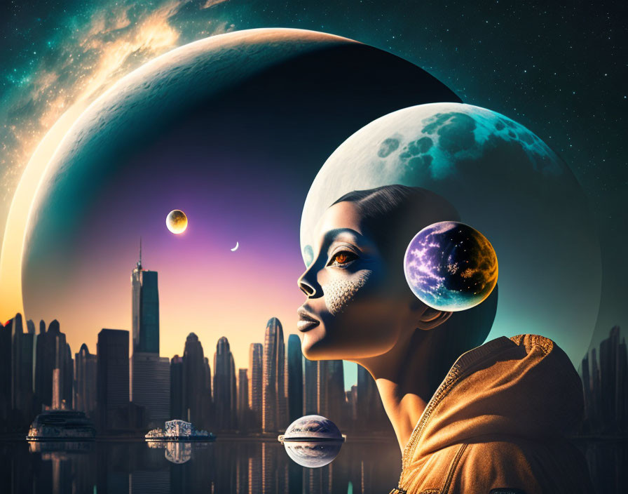 Surreal image of woman with cosmic makeup and celestial bodies over city skyline