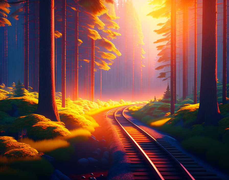 Sunlit forest with winding railroad tracks