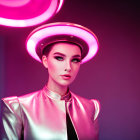 Futuristic woman with glowing halo headwear in glossy pink suit against neon-lit cityscape