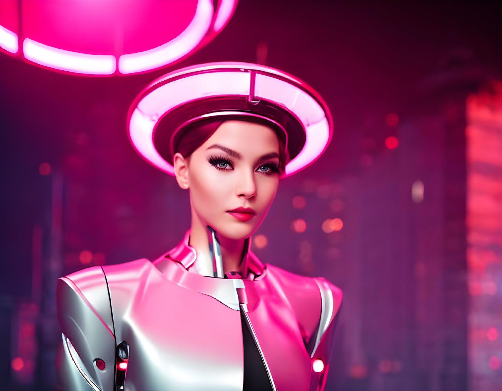 Futuristic woman with glowing halo headwear in glossy pink suit against neon-lit cityscape