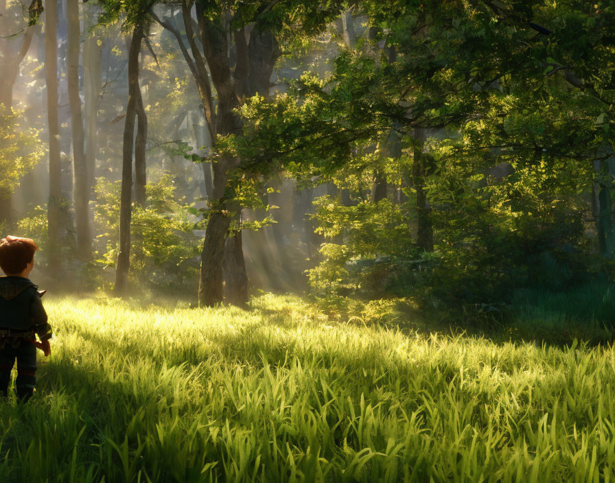 Child in Sunlit Forest Clearing with Tall Trees and Green Undergrowth