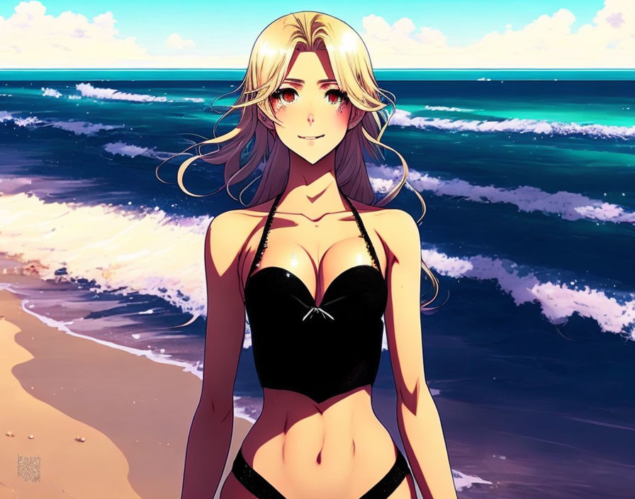 Long-Haired Animated Character Smiling on Beach