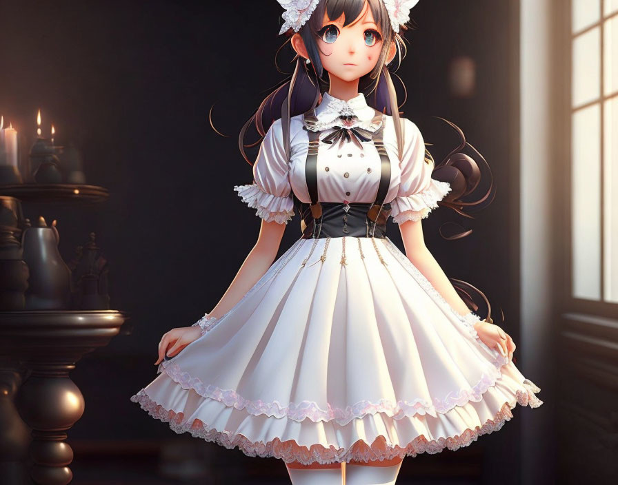 Anime-style girl in white and brown maid outfit in dimly lit room with candles