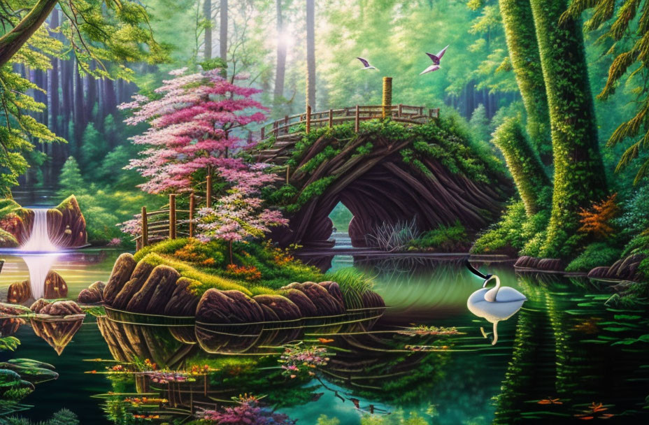 Tranquil forest landscape with wooden bridge, swan, colorful trees, and birds