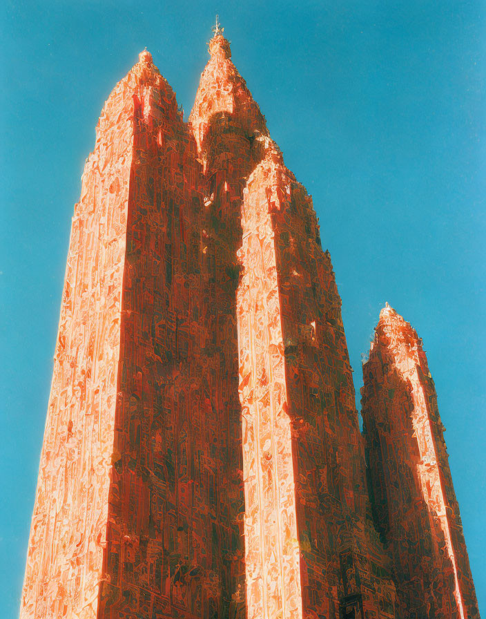 Intricately Carved Temple Spires Against Blue Sky