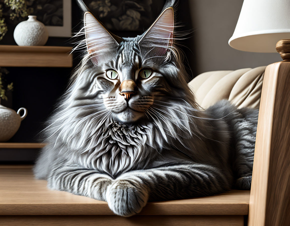 Majestic Maine Coon Cat with Luxurious Fur and Whiskers on Wooden Table