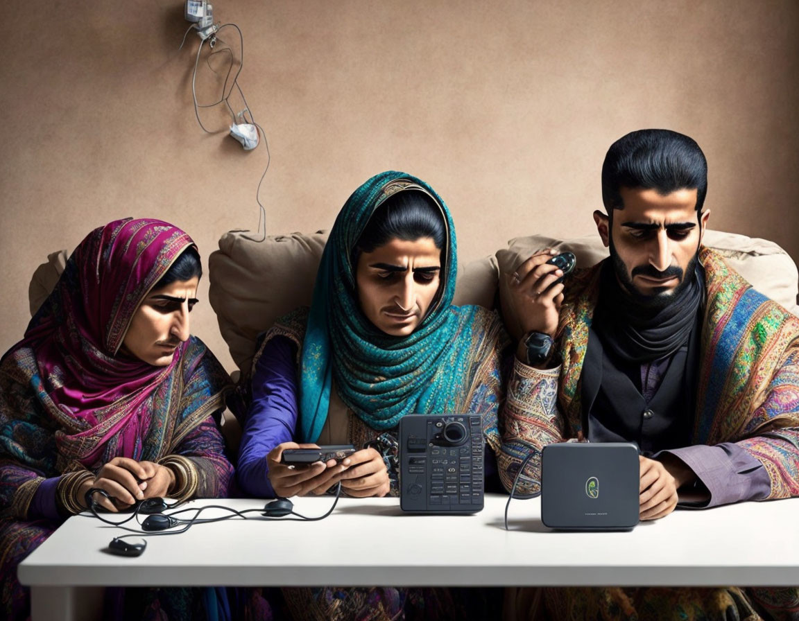 Three people using devices connected to power strip on neutral background